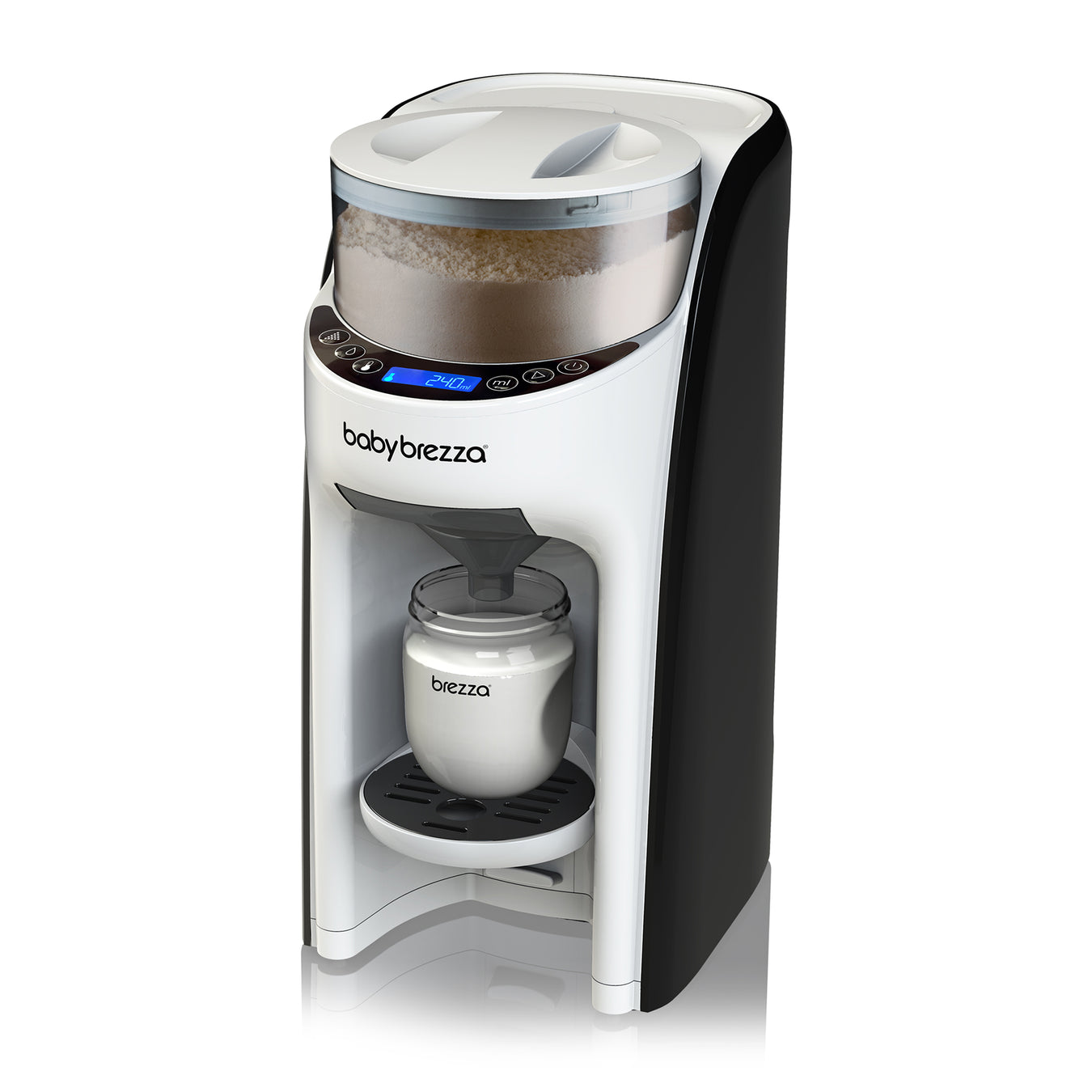 Baby Brezza Formula Pro Advanced mixing machine dispensing formula into a baby bottle on a countertop.