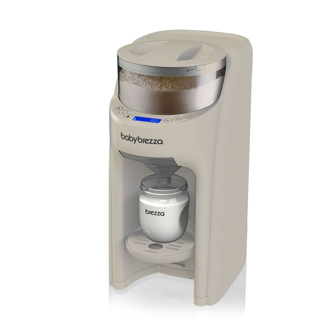 Baby Brezza Formula Pro Advanced making a bottle of baby formula on a clean white background.