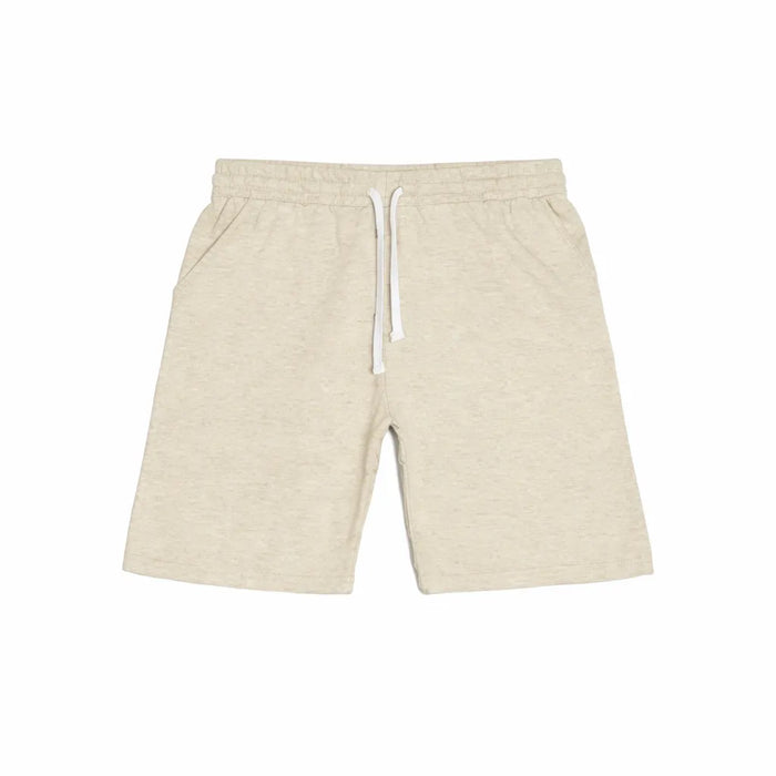 Factory Fleece kids cotton sweat shorts in beige shown flat on a white background.