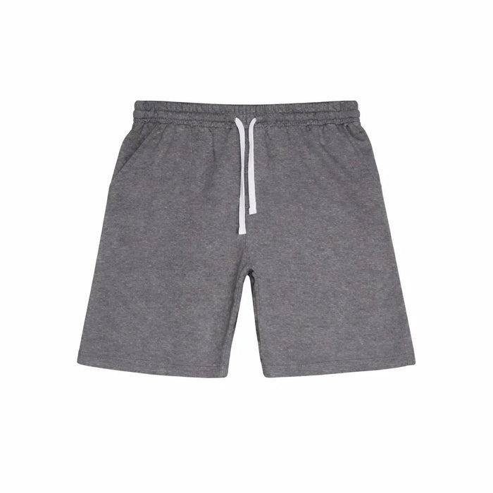 Factory Fleece kids' cotton sweat shorts in grey with white drawstring, shown flat against white background.