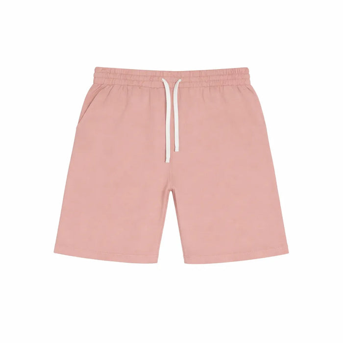 Factory Fleece kids cotton sweat shorts in light pink laid flat on a white background.