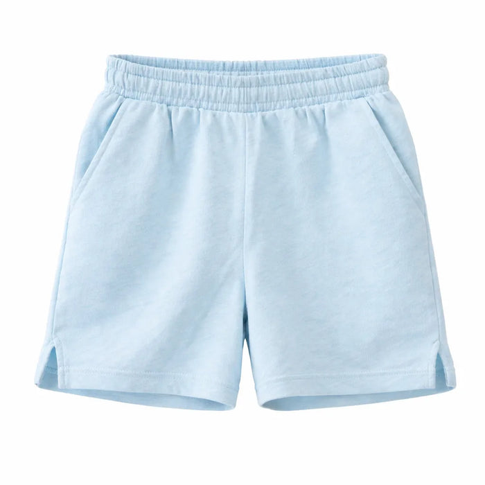 Factory fleece little girls cotton sweat shorts in light blue shown flat on a white background.