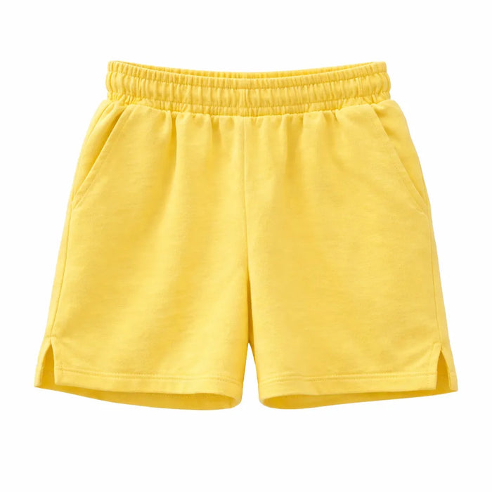 Little girls' cotton fleece shorts in bright yellow, displayed flat on a white background.
