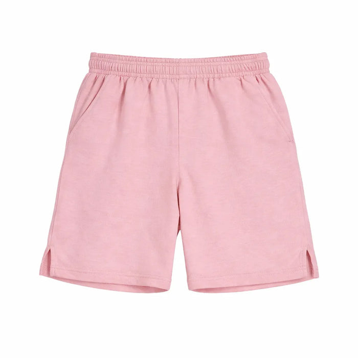 Factory fleece little girls' cotton sweat shorts in light pink shown flat on a white background.