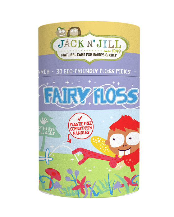 Jack N’ Jill Fairy Floss eco-friendly floss picks package with colorful cartoon design and nature theme.