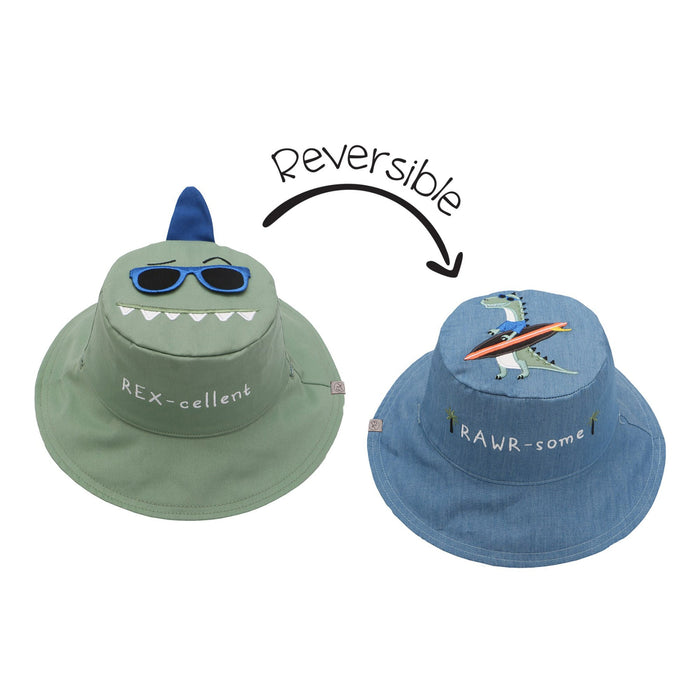 Chapeau de soleil réversible anti-UV UPF50+ FlapJack Kids® pour enfants - Dino Surfer