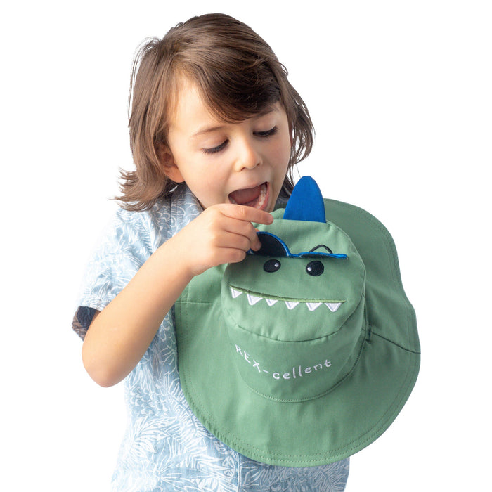 Chapeau de soleil réversible anti-UV UPF50+ FlapJack Kids® pour enfants - Dino Surfer
