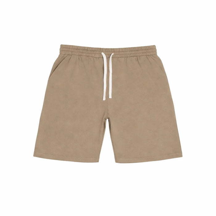 Youth boys fleece sweat shorts in tan color shown flat on a white background.