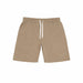 Youth boys fleece sweat shorts in tan color shown flat on a white background.