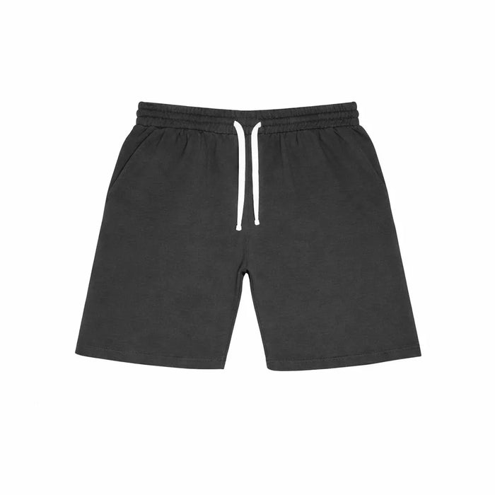 Fleece Factory youth boys' sweat shorts in dark grey with white drawstring, shown flat on white background.