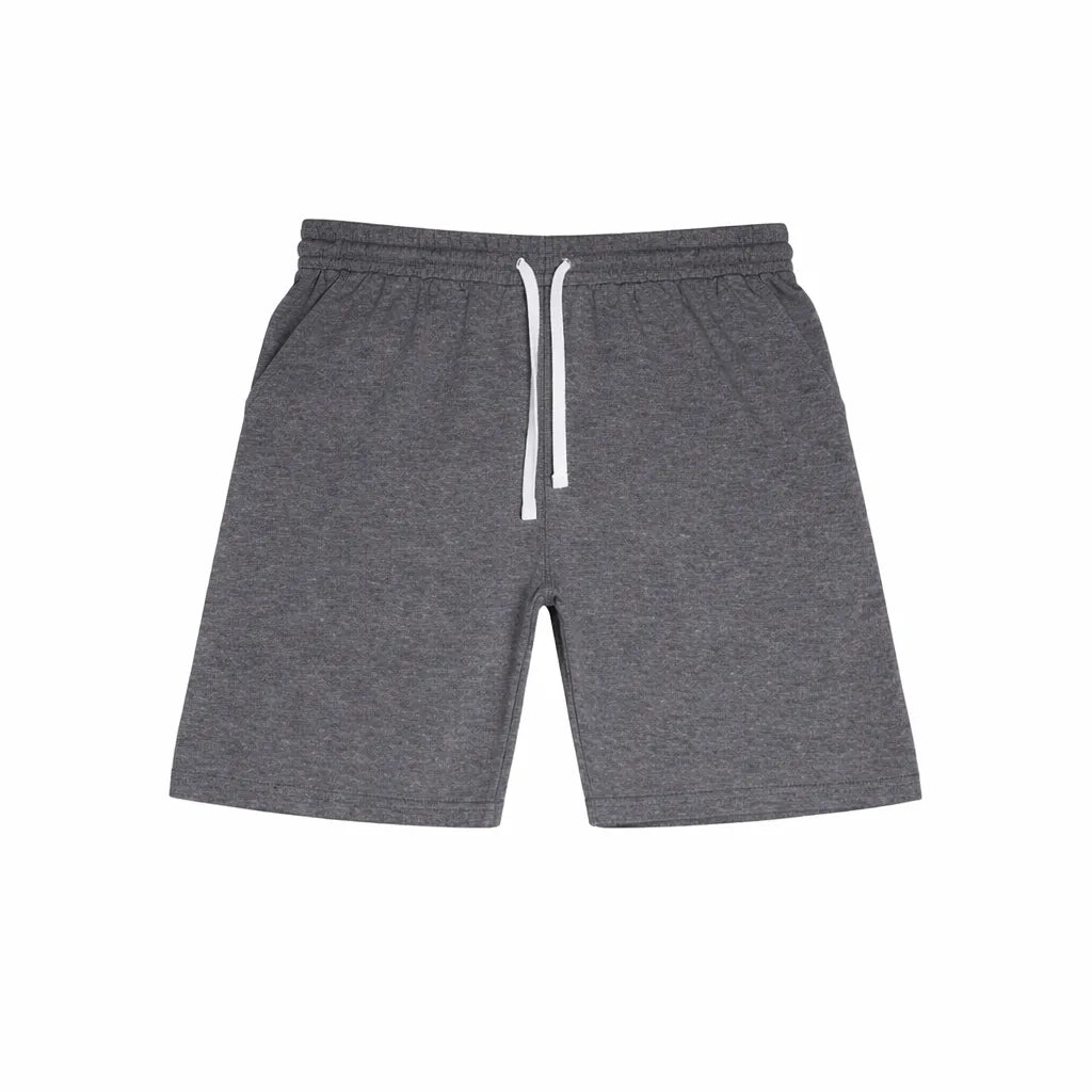 Fleece Factory boys' grey sweat shorts with drawstring waistband shown flat on white background.
