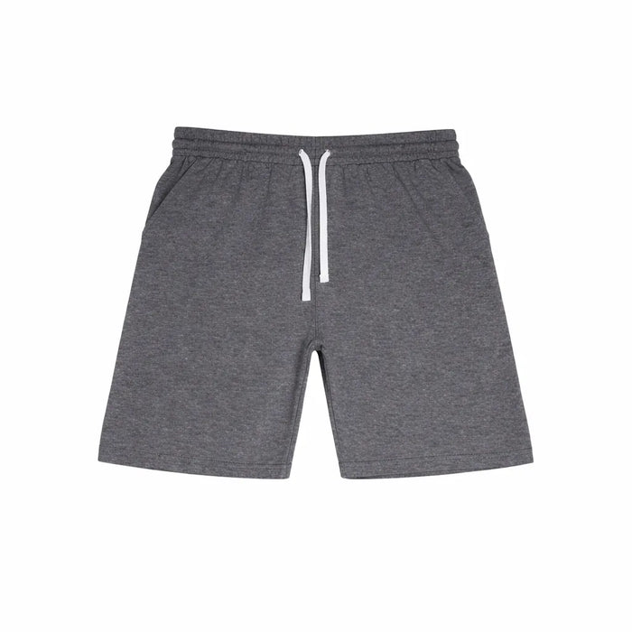 Fleece Factory boys' grey sweat shorts with drawstring waistband shown flat on white background.