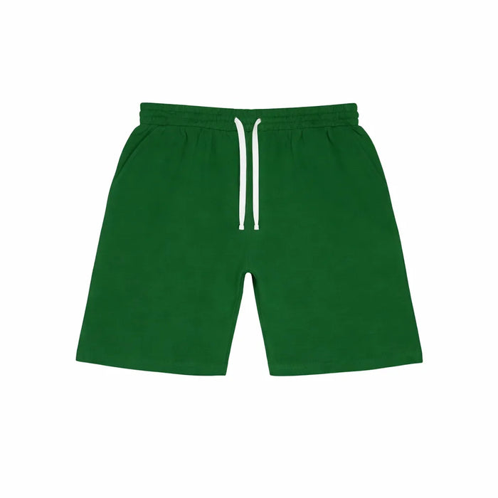 Fleece Factory youth boys' sweat shorts in green with white drawstring, front view on white background.