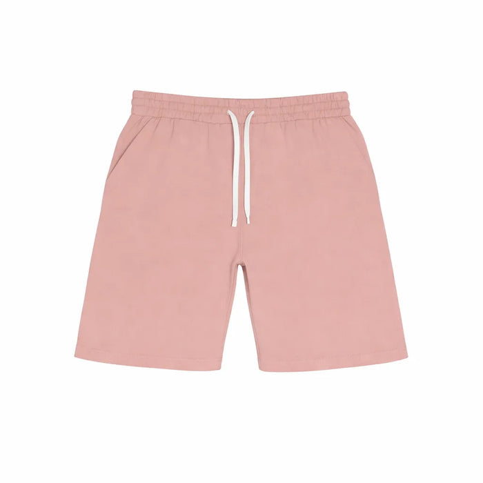 Fleece Factory youth boys' sweat shorts in light pink with white drawstring, displayed flat.