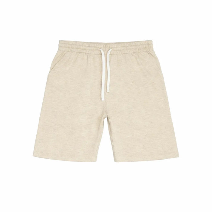 Youth boys' fleece sweat shorts in beige with drawstring, displayed flat on a white background.