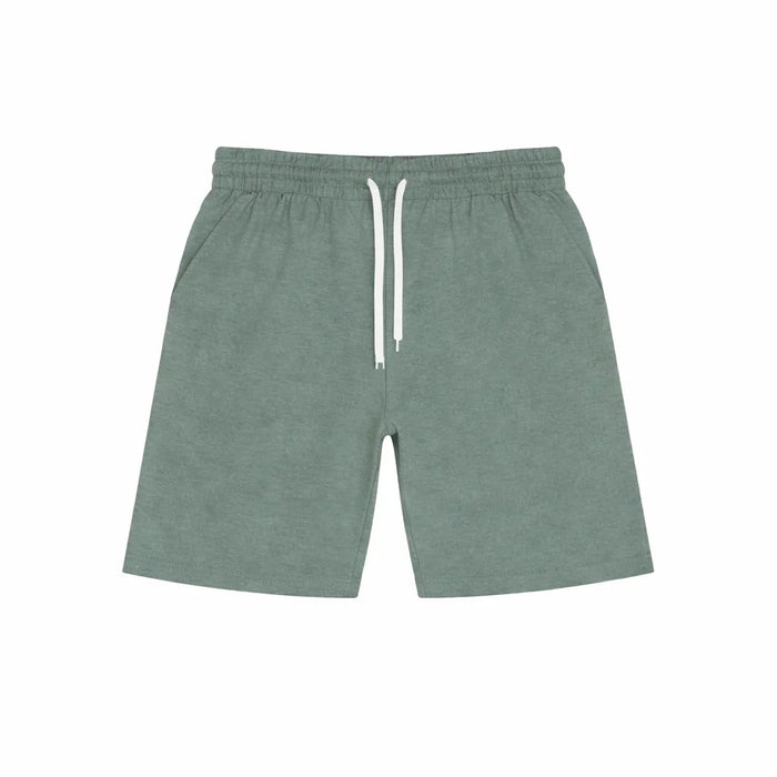 Boys youth fleece sweat shorts in green with white drawstring, displayed flat on a white background.