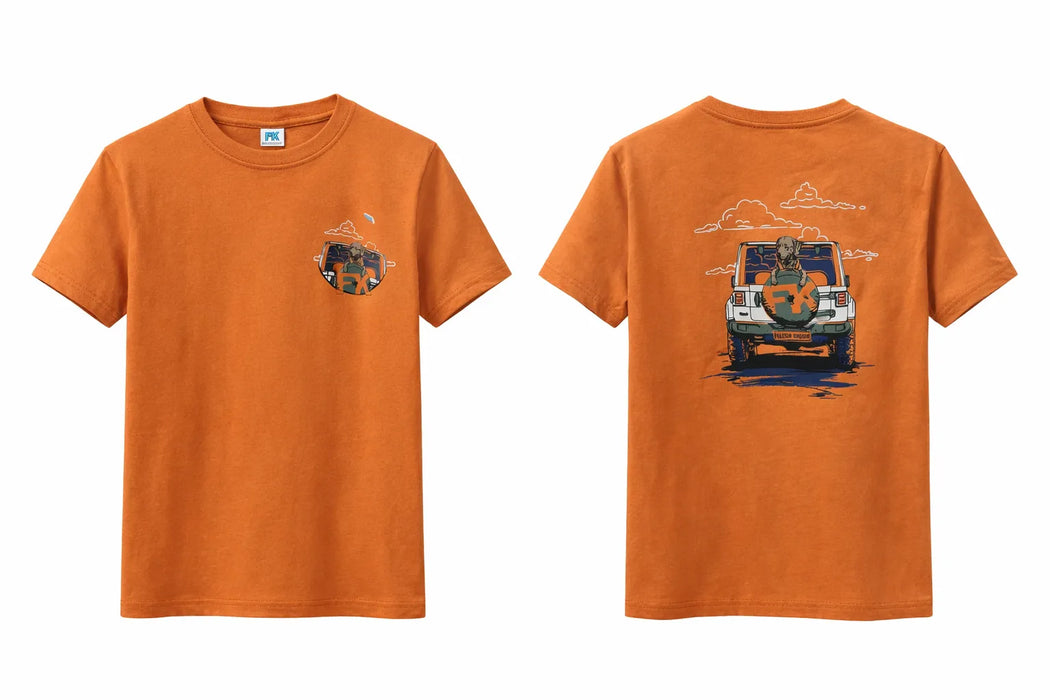 Freedon Kingdom Jeep printed kids’ t-shirt shown front and back, featuring cartoon Jeep graphic.