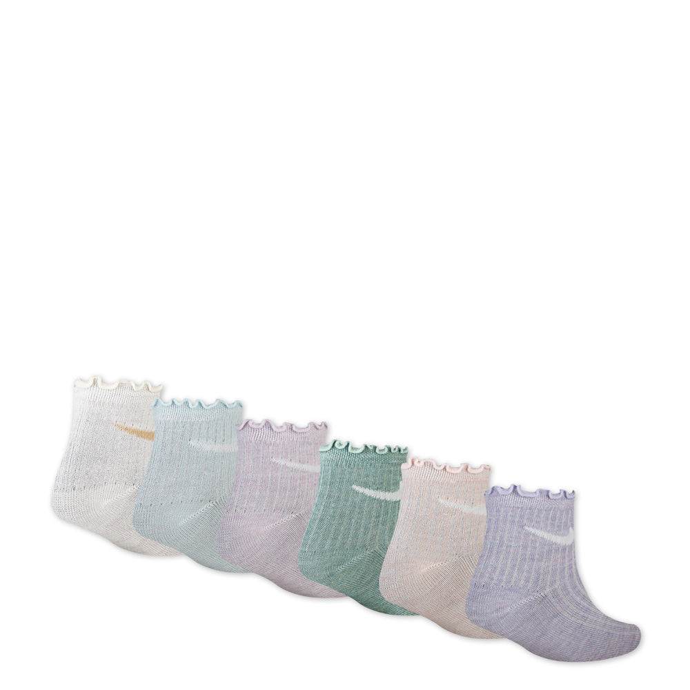 Baby socks six-pack in assorted pastel colors with frill cuffs, displayed in a row on white background.