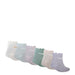 Baby socks six-pack in assorted pastel colors with frill cuffs, displayed in a row on white background.