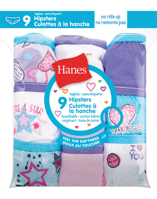 Lot de 9 slips hipster sans étiquette assortis pour filles de Hanes Value Pack