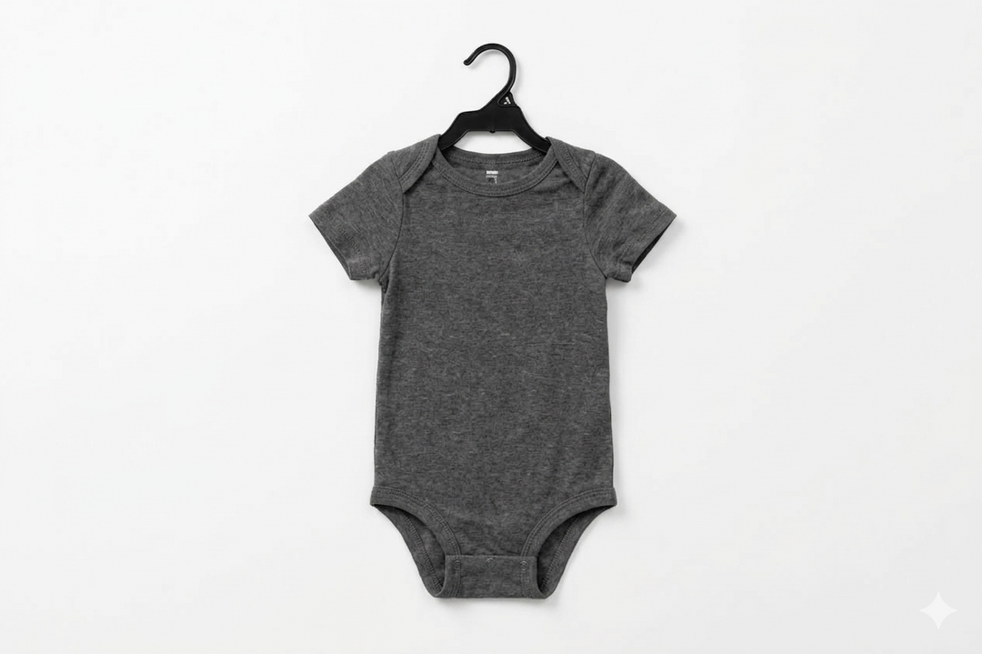 Short sleeve dark grey baby bodysuit displayed on a black hanger against a white background.