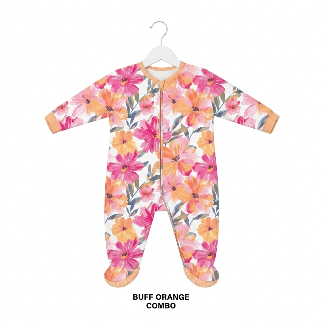 Baby sleeper in a pink and orange floral print, displayed on a hanger against a white background.