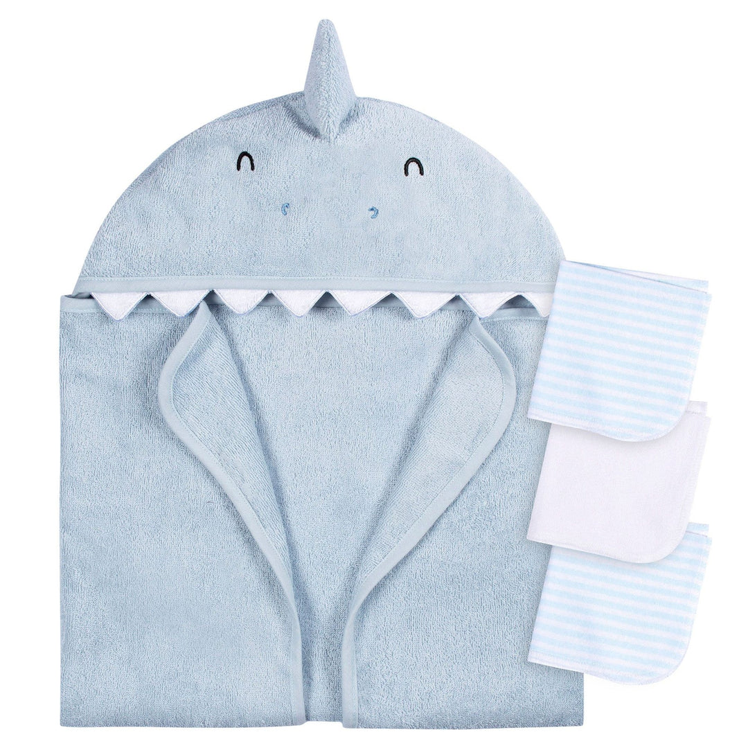 Blue baby hooded shark towel with three matching striped and white washcloths