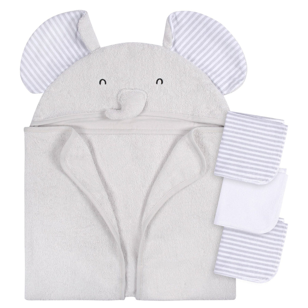 Grey baby bath towel with elephant hood and three striped washcloths, newborn bath set