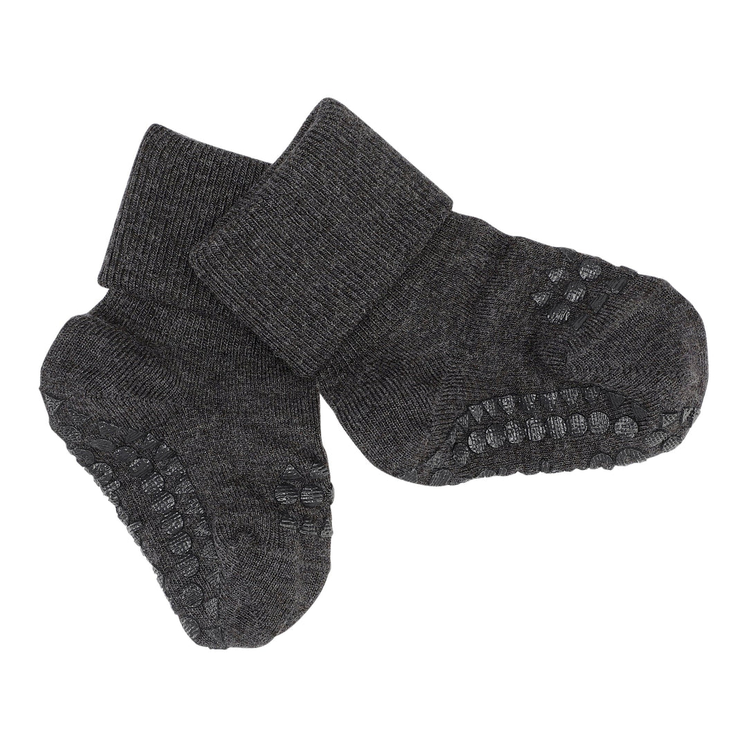 Dark grey melange bamboo baby socks with non-slip grips, soft and cozy design