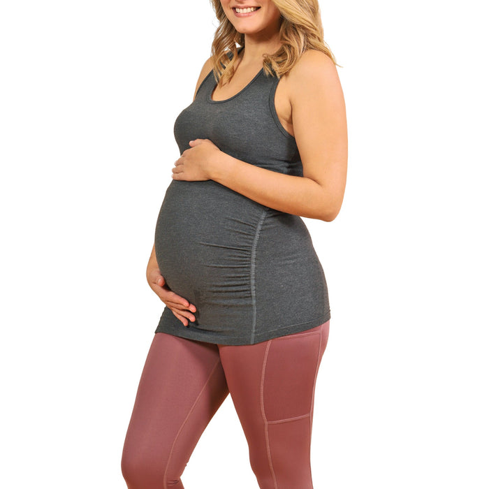 HESTIA GREY maternity tank top shown on a pregnant woman standing against a white background.
