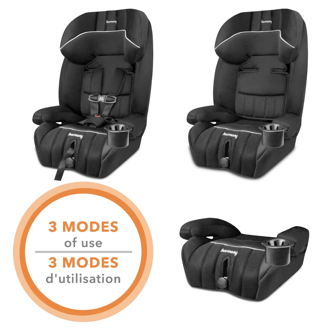 Harmony Defender 360 Max 3-in-1 car seat shown in three modes on a white background.