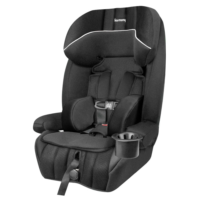 Harmony Defender 360 Max 3-in-1 combination car seat in black, shown upright with cup holder.
