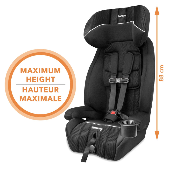 Harmony Defender 360 Max 3-in-1 combination car seat in black, shown upright with maximum height indicator at 88 cm.