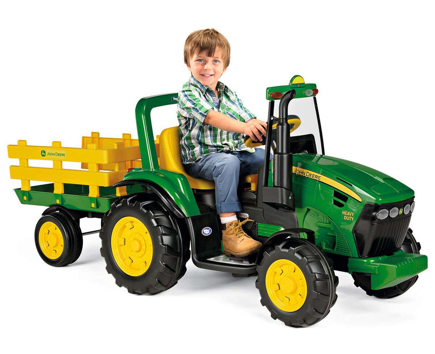 Peg Perego Kids J.D. Heavy Duty Tractor with Trailer - High Performance 12 Volts - Green