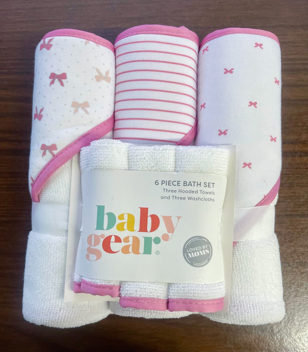 Baby Gear Hooded Towel and Washcloth 6 Piece Set - Pink Bows