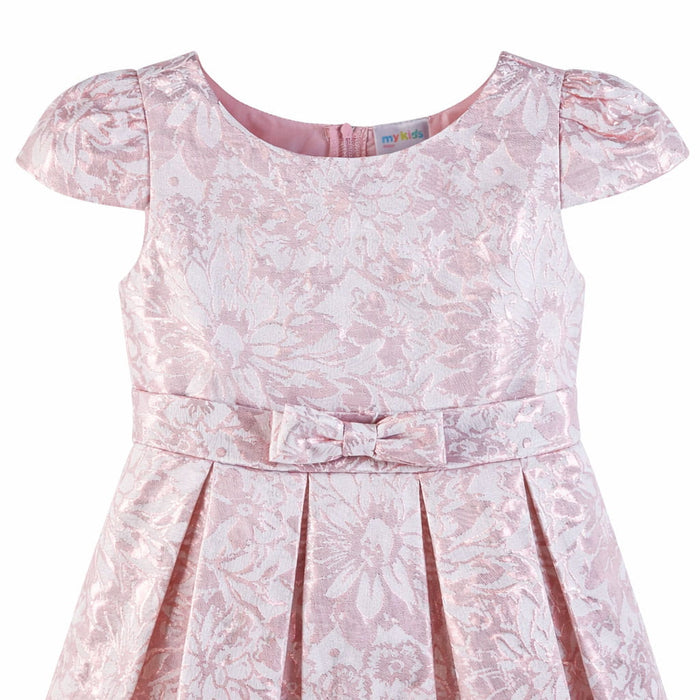 JKS81 rose gold party dress with floral jacquard pattern and bow detail shown on a plain background.