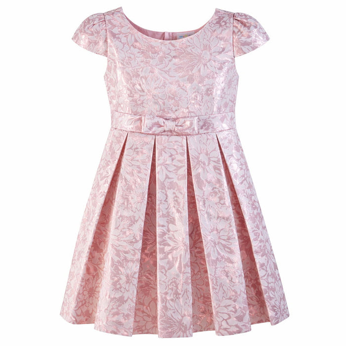 JKS81 rose gold party dress with floral pattern and bow, displayed on a plain white background.