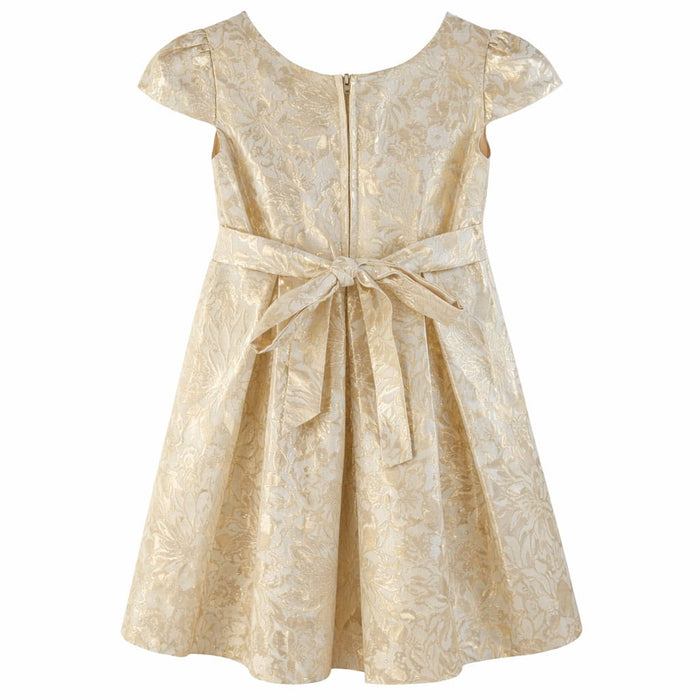 JKS81 yellow gold party dress with floral pattern and bow tie shown from the back on white background.