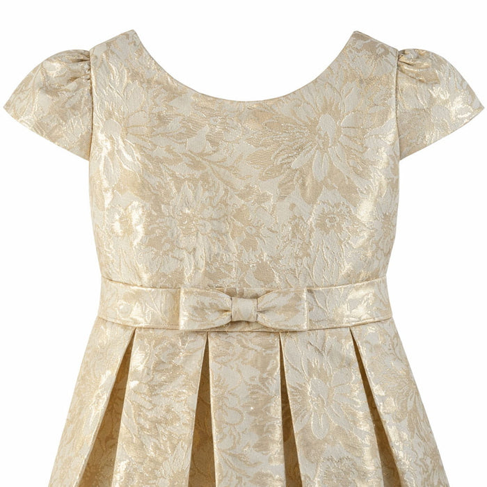 JKS81 yellow gold party dress with floral pattern and bow detail, shown on a plain background.
