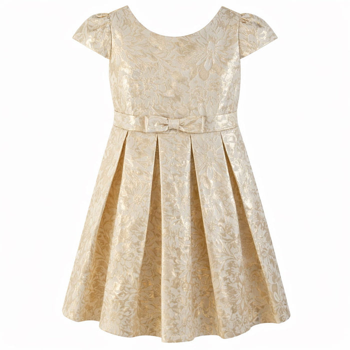 JKS81 yellow gold party dress with floral pattern and bow, displayed on white background.