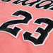 Kids pink sweatshirt with raised black and white number 23 detail on the front, close-up view.