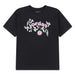 Jordan kids black t-shirt with pastel graphic logo and floral design, displayed flat on white background.