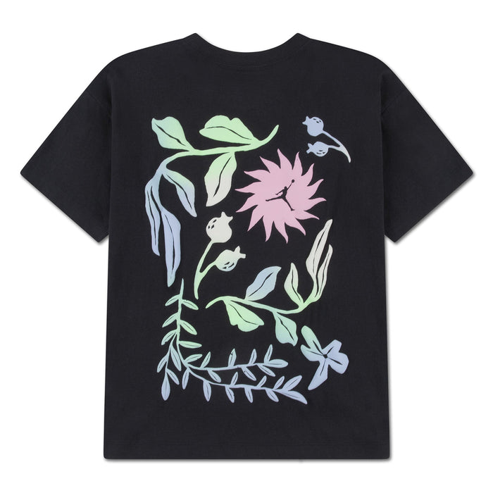 Jordan kids’ black t-shirt with pastel floral graphic print on the back, laid flat.