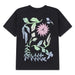 Jordan kids’ black t-shirt with pastel floral graphic print on the back, laid flat.