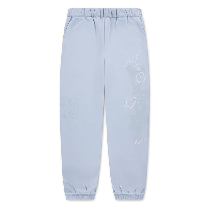 Jordan kids’ light blue sweatpants with elastic waistband and playful graphic prints, shown flat front view.
