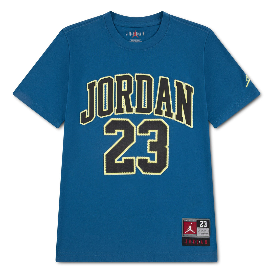 Jordan 23 blue short sleeve t-shirt with yellow and black lettering displayed flat on a white background.