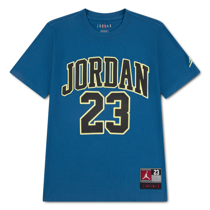 Jordan 23 blue short sleeve t-shirt with yellow and black lettering displayed flat on a white background.