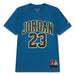 Jordan 23 blue short sleeve t-shirt with yellow and black lettering displayed flat on a white background.