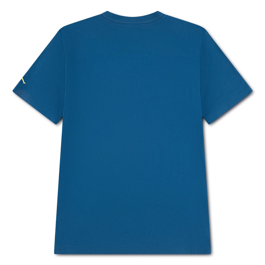 Kids' blue short sleeve t-shirt shown flat from the back on a white background.