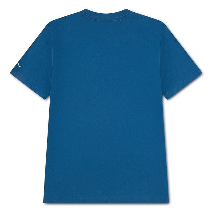 Kids' blue short sleeve t-shirt shown flat from the back on a white background.